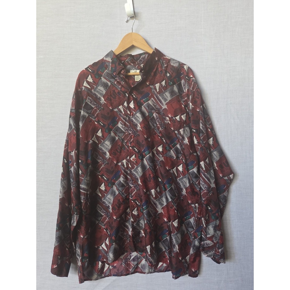Bogari Y2K Shirt Mens 100% Silk Geometric Print Long Sleeve Button Down Shirt XL